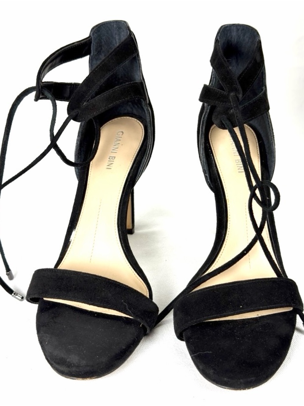 Gianni Bini Black Suede Lace-Up Stiletto Sandals with Ankle Wrap 9M